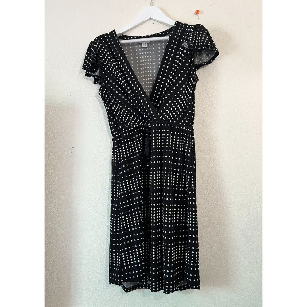 Tommy Bahama Womens Black White Polka Dot A-Line Faux Wrap Dress Medium Stretch
